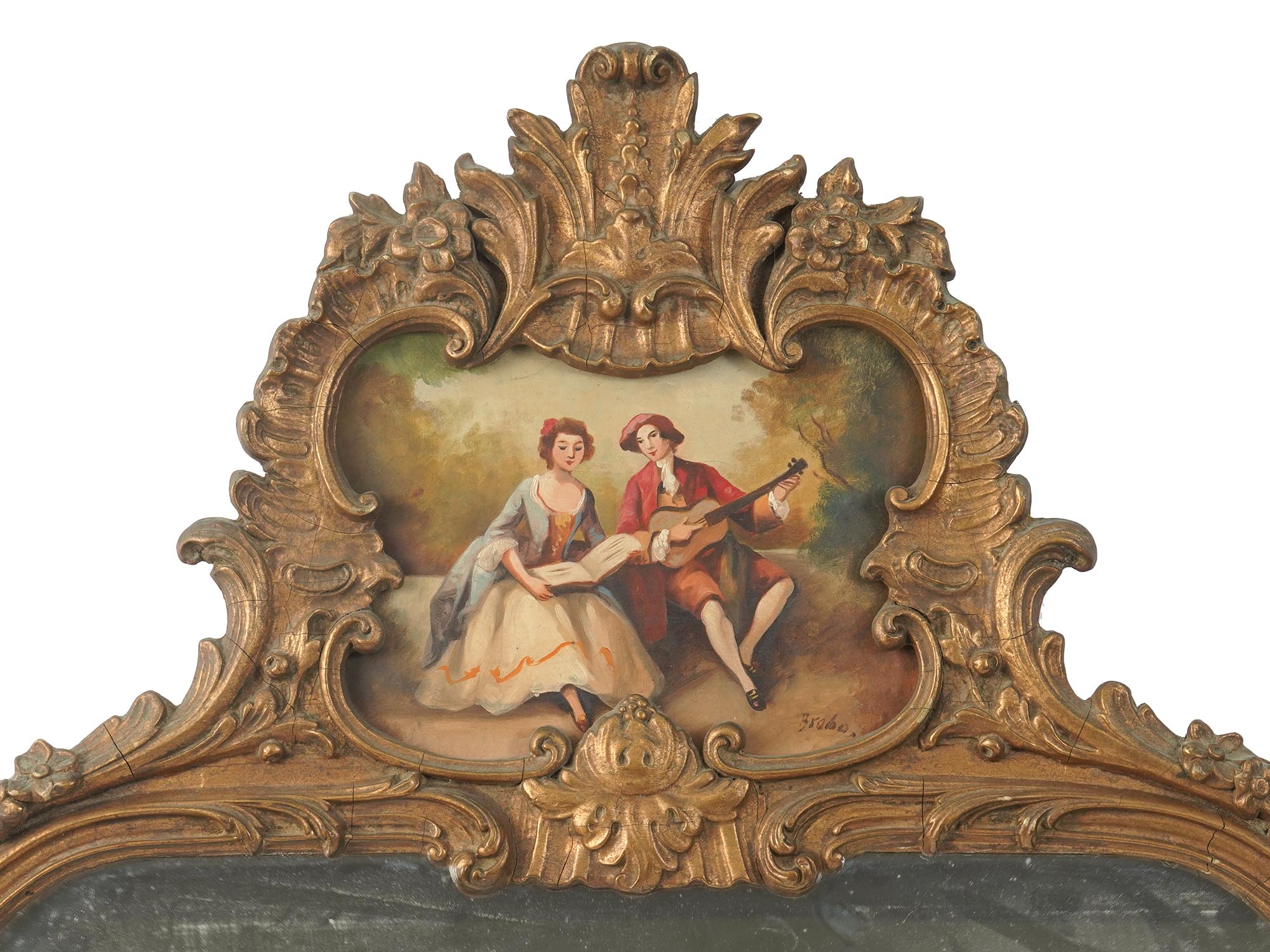 ANTIQUE FRAMED WALL MIRROR WITH PAINTING ON TOP PIC-1